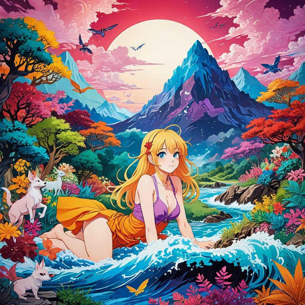 A vibrant collage showcasing the allure of hentai manga and amateur adult art, featuring stylized characters with exaggerated expressions, colorful fantasy backgrounds filled with dreamlike elements. The scene should blend traditional manga aesthetics with a contemporary twist, incorporating playful imagery and subtle sensuality. Include art supplies like sketchbooks and pens scattered around, suggesting the creative process. Emphasize warmth and imagination in the colors used. 3D, vibrant colors, fantasy art.
